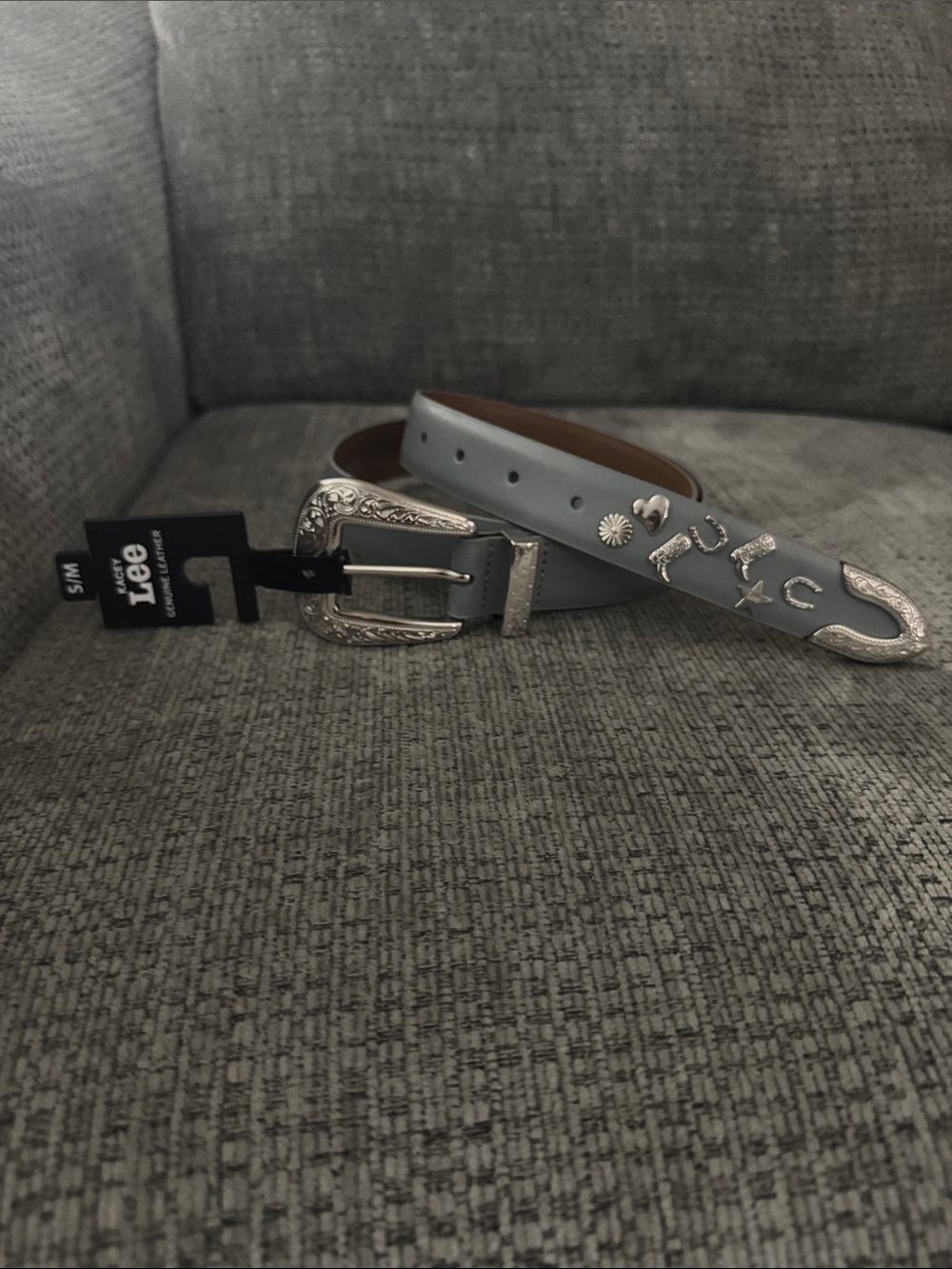 Lee Light Blue Leather Western Belt with Silver Accents